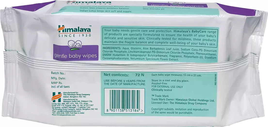 Baby wet Wipes  Himalaya    Gentle 72pcs