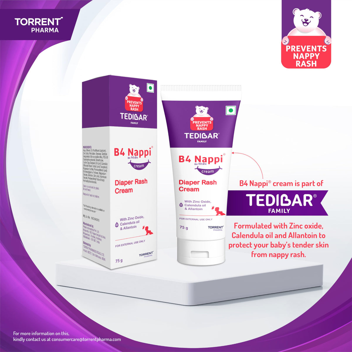 Baby B4 Nappi Diaper Rash Cream Tedibar Zinc Oxide Calendula oil & Allantoin  75g